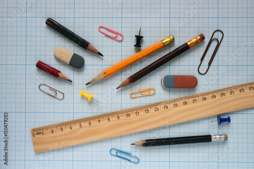 Pencils and wooden ruler.