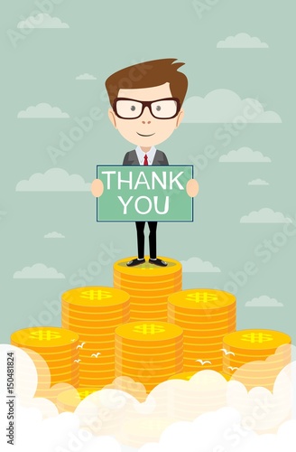 man proudly standing with thanks on the huge money