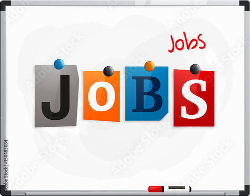 The word Jobs made from newspaper letters attached to a whiteboard or noticeboard with magnets. Marker pen. Vector.