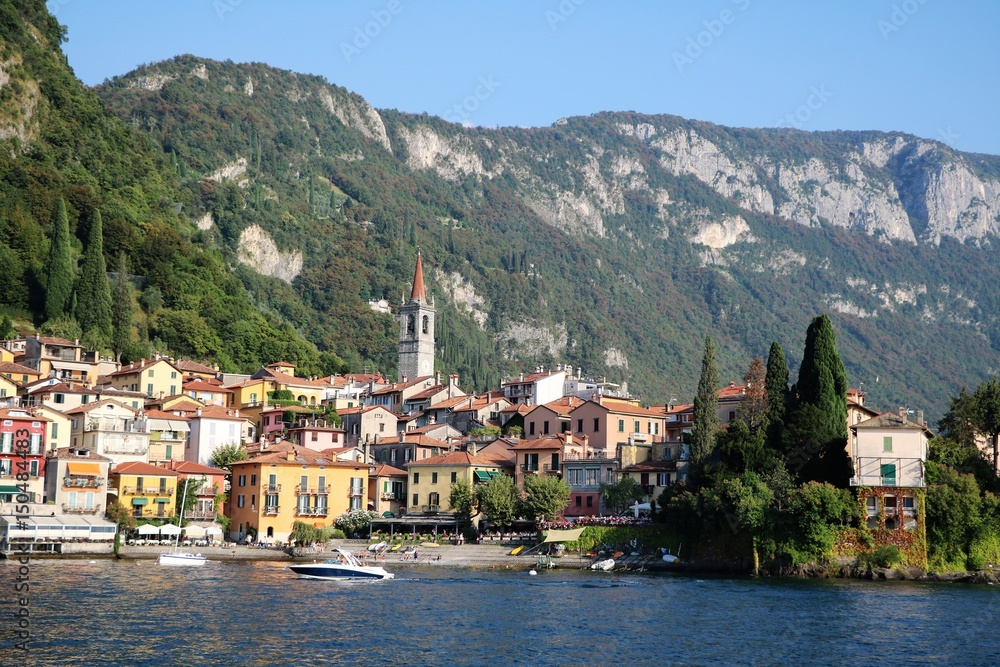 Waterfront of Varenna at Lake Como in summer, Lombardy Italy 