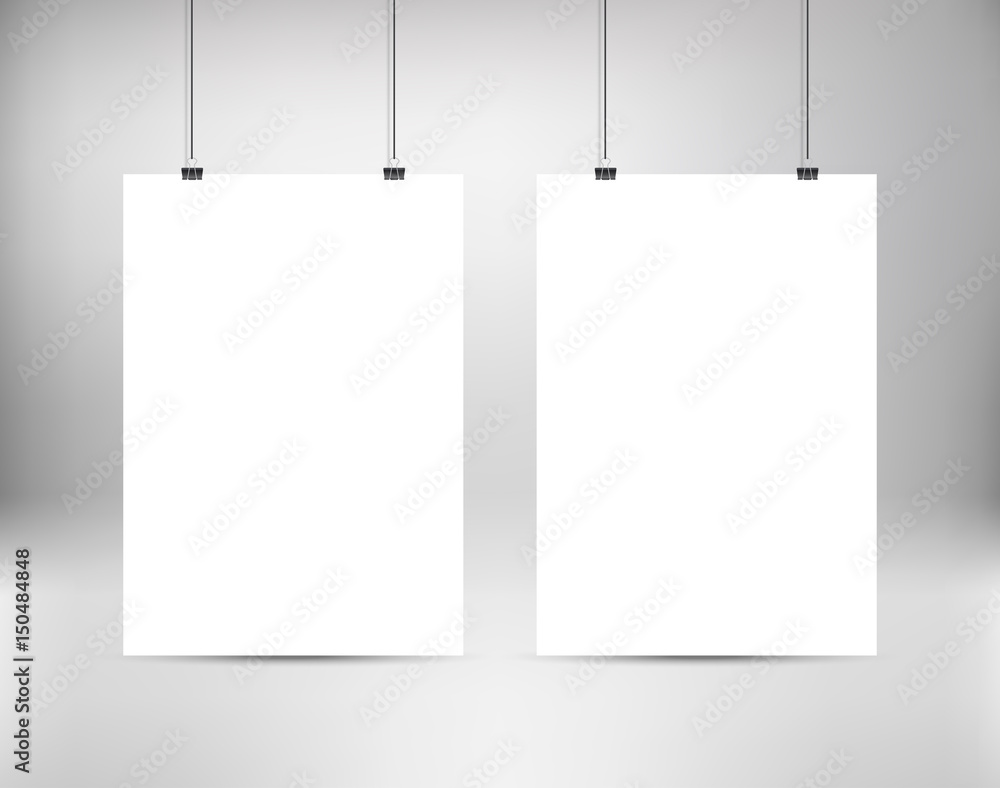 Empty white vector poster templates. Poster mock up. Template of two white blank vector posters. Set of mockups hanging on wall. Frames for paper sheet. Stock vector. Empty white vector poster templates. Poster mock up. Template of two white blank vector posters. Set of mockups hanging on wall. Frames for paper sheet. Stock vector.