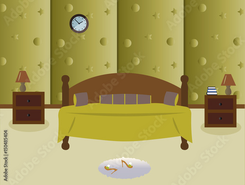 A cute bedroom. Lamps on the tables.A wood bed and light green decorative pillows. Сarpet. Sexy cute slippers with high heels. Wallpapers.Provence style. Vector illustration.