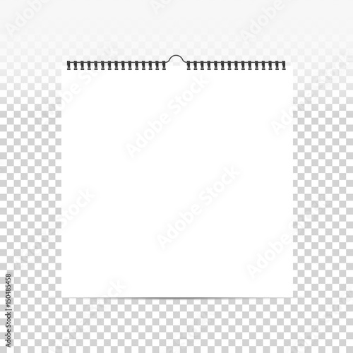 Realistic sheets of paper with spiral on a isolated transparent background. Blank square calendar mock up. Design of white notebooks, horizontal wall calendars, cards. Stock vector.