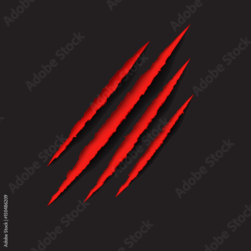 Red claws scratches - vector isolated on black background. Claws scratching animal (cat, tiger, lion, bear) illustration. 