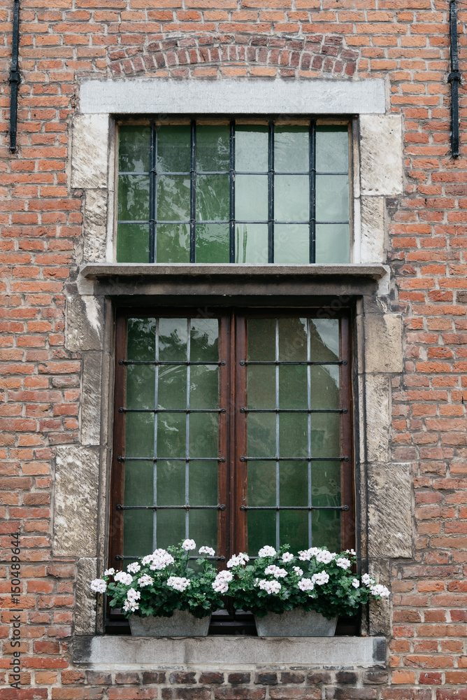 Wooden window with flower pots in old brick building