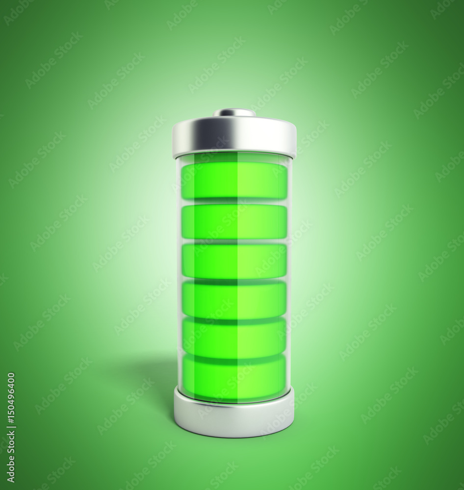 Battery charging Battery charge level indicators on green 3d illustration no shadow Battery charging Battery charge level indicators on green 3d illustration no shadow