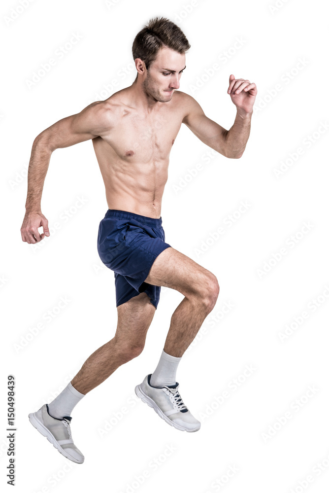 Healthy lifestyle and fitness. Run. A handsome guy sports a physique, with a naked body, in a shert, runs, isolated on a white background. Vertical frame Healthy lifestyle and fitness. Run. A handsome guy sports a physique, with a naked body, in a shert, runs, isolated on a white background. Vertical frame