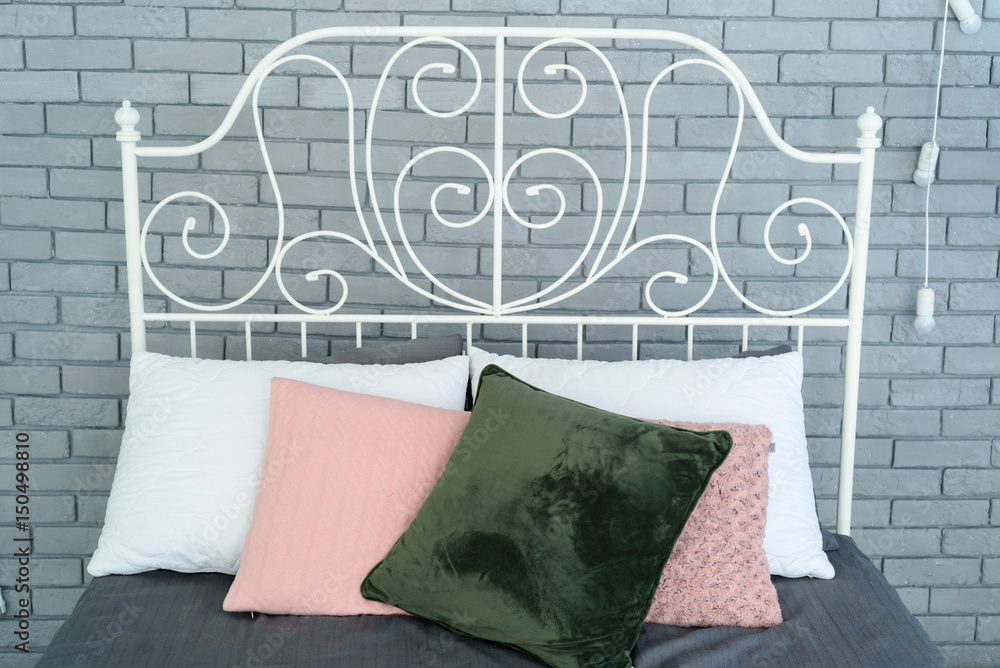 Colored Pillows On White Metal Frame, Decorative Metal Headboards