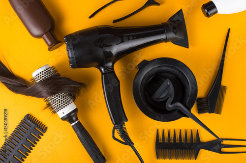 Set of hairdressers on bright  background.  top view