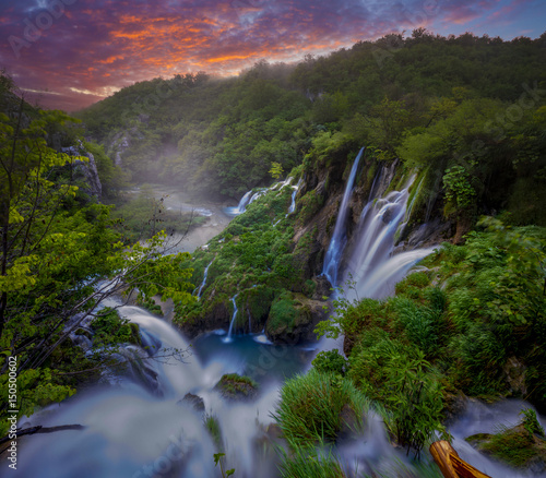 Fairytale, misty morning over waterfalls in Plitvice park, Croatia