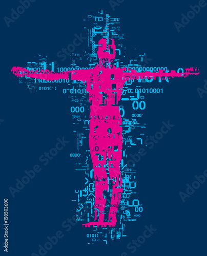 Victim of computer age. 
Crucified man, grunge stylized silhouette with binary codes and digital numbers. Vector available.
