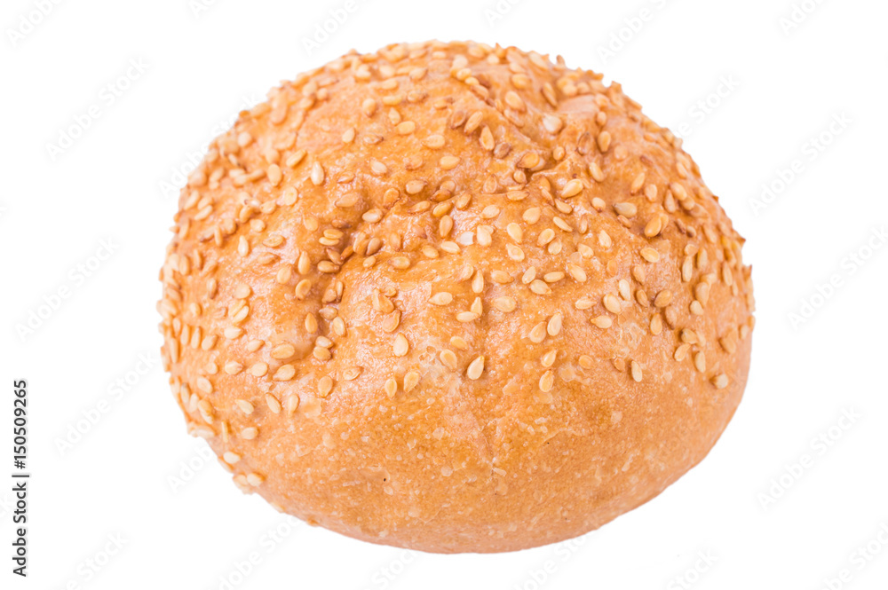 Bun with sesame seeds on white background