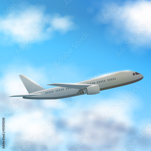 Plane flies high in the clouds  side view. A realistic aircraft and clouds. Vector.