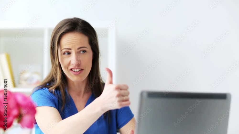 happy woman with laptop having video conference happy woman with laptop having video conference