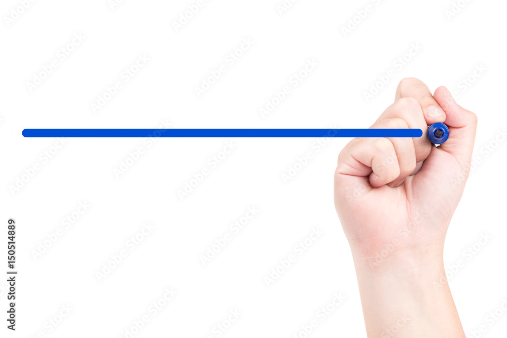 Right hand with blue marker draw a line Right hand with blue marker draw a line