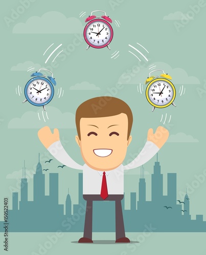 Businessman juggling with alarm clocks, symbolizing time management. Stock vector illustration for poster, greeting card, website, ad, business presentation, advertisement design.
