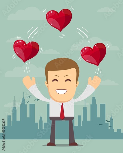 Business man juggling hearts . Stock vector illustration