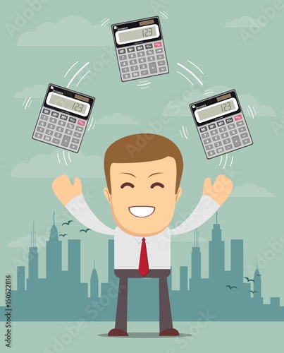 Businessman or manager juggling a calculators in his hands. Profit, finances concept. Vector, flat, illustration