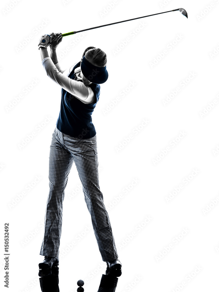 woman golfer golfing silhouette in white background woman golfer golfing silhouette in white background