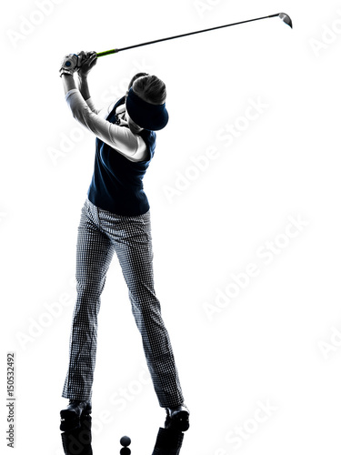 woman golfer golfing silhouette in white background