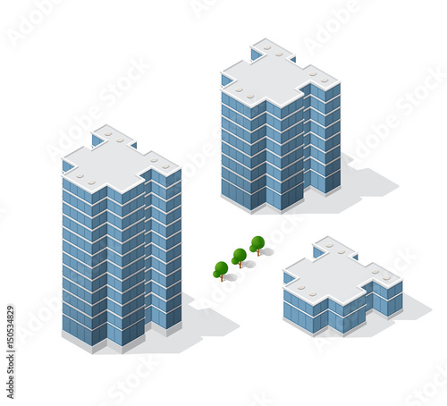 Isometric 3D dimensional skyscraper building of modern architecture of urban construction. Drawing map engineering design landscape top view