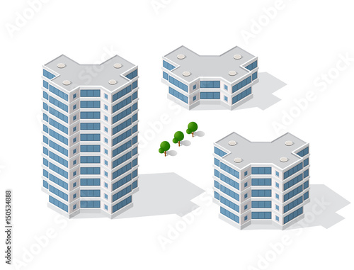 Isometric 3D dimensional skyscraper building of modern architecture of urban construction. Drawing map engineering design landscape top view