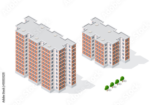 Isometric 3D dimensional skyscraper building of modern architecture of urban construction. Drawing map engineering design landscape top view