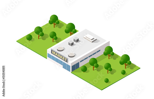 Supermarket shop 3D dimensional building of modern architecture of urban construction. Drawing map engineering design landscape top view