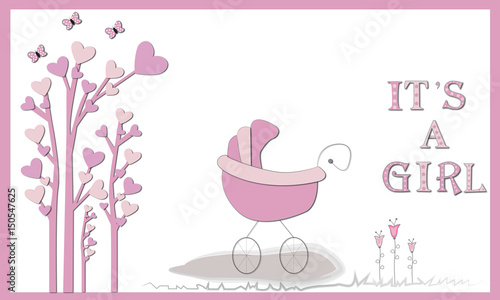 Felicitación nacimiento con árbol de corazones.