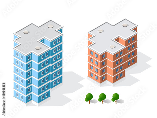 Isometric 3D landscape of the city. Top view of dimensional town modern houses and skyscrapers of urban blocks