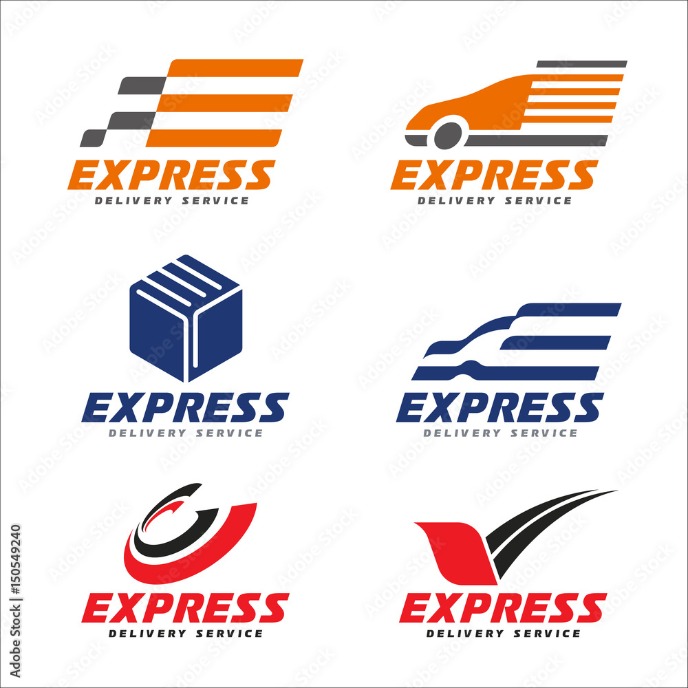 Express delivery service logo with transport car , box , arrow