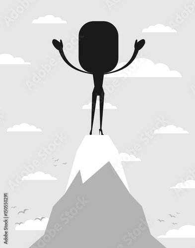 silhouette of free cheering woman open arms at mountain peak photo