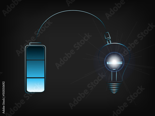battery recharginga brilliant idea (lightbulb with flare), concept of innovation and energy