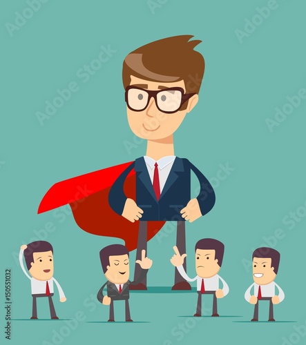 Sketch of working little people and big superhero. Doodle cute concept about teamwork with leader. Cartoon vector illustration for business design.