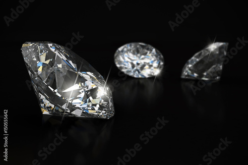 Realistic group of diamonds placed on black background  3D illustration.