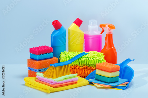 Cleaning service.Basket with sponges,chemicals bottles,detergent,rads for cleanup.