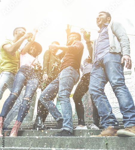 Photography Happy friends celebrating outdoor for sunset party in city square drinking beer