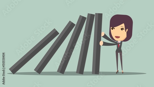 businesswoman stopping the domino effect with falling dominoes. Stock vector illustration for poster, greeting card, website, ad, business presentation, advertisement design.