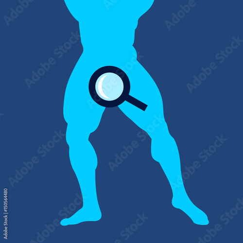 Magnifying glass and body of man - examination of male sex and reproductive organ - small penis, erectile dysfunction, impotence, male sexuality and exploring erogenous zones, prostate cancer
