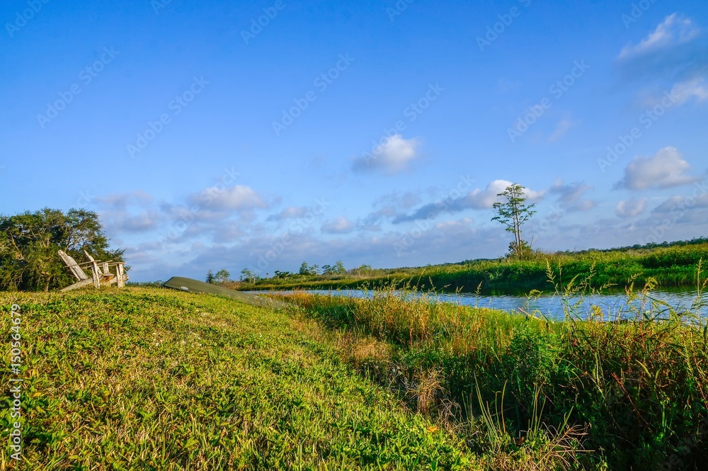Fototapeta premium chairs facing the swamp on a summer day