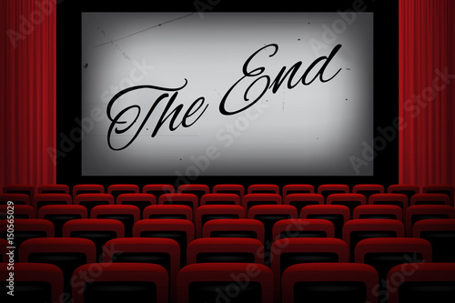 Movie theatre with THE END text on white screen, red curtains and chairs.