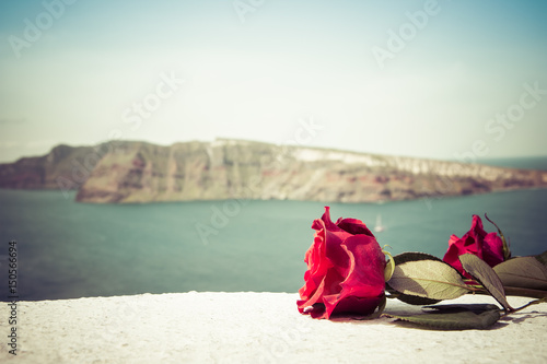 A pair of red roses on a ledge with ocean background, Santorini, Greece. Retro style.