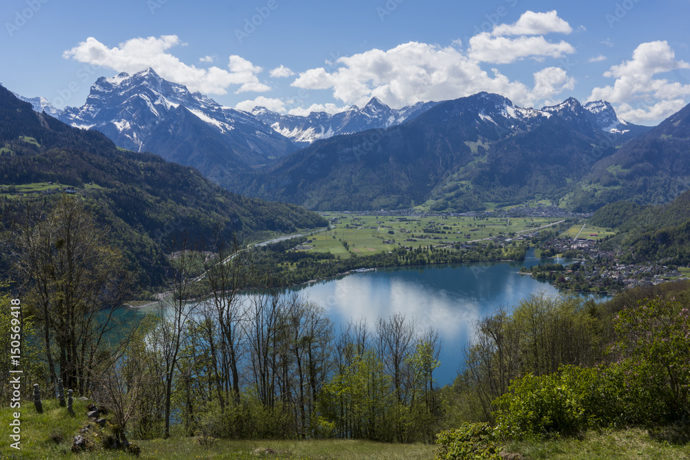 Alpenpanorama mit See im Frühling