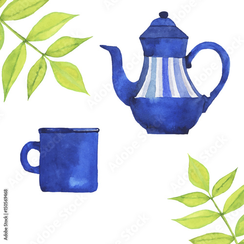 Set of blue teapot and teacup with fresg green leaves painted by watercolor. Hand drawn illustration.