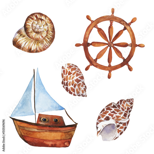 Set of ship, cockleshells and handwheel isolated on white background. Hand drawn vector illustration.