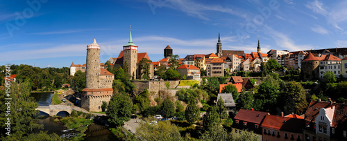 Alte Wasserkunst, Michaeliskirche, Dom St. Petri, Rathausturm, Gerberbastei, am Fluss Spree, von der Friedensbrücke aus gesehen, Budyšin, Bautzen, Sachsen, Deutschland