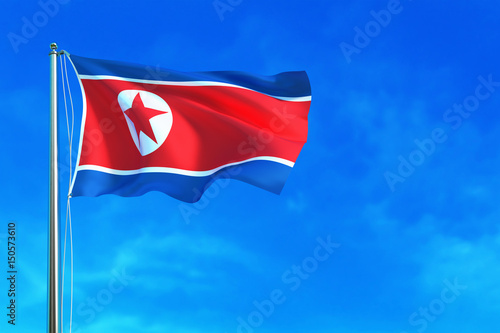 North Korea flag on the blue sky background. 3D illustration