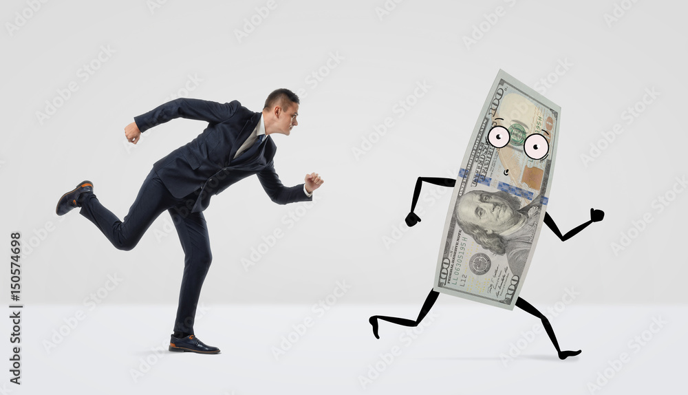 A businessman running after a confused dollar bill with arms and legs. A businessman running after a confused dollar bill with arms and legs.