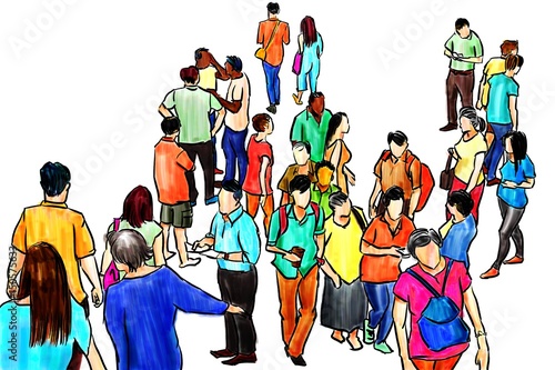 group of people walking marker sketch isolated