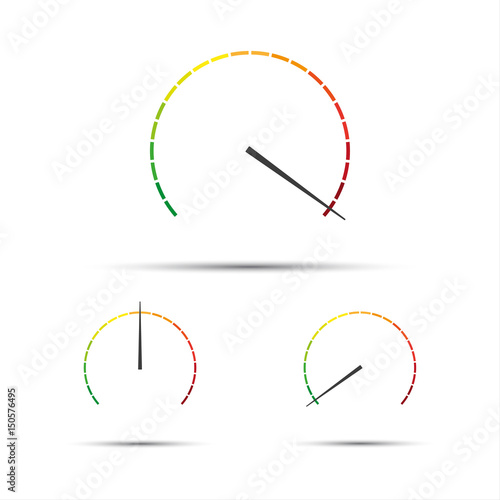 Set of simple vector tachometers with indicators in red, yellow and green part,  speedometer icon, performance measurement symbol isolated on white background